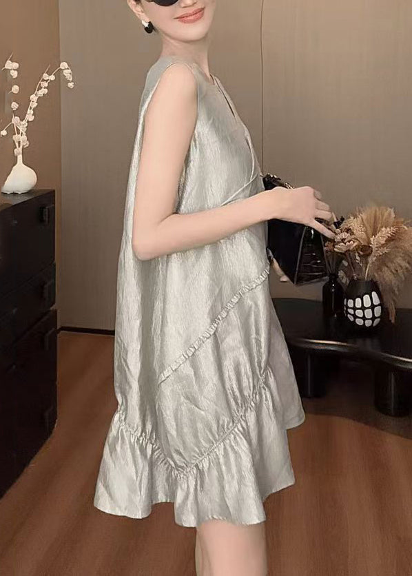 New Grey O Neck Solid Cotton Mid Dress Sleeveless QP035