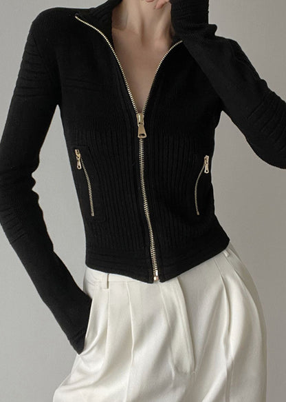 Chic White Stand Collar Zip Up Patchwork Woolen Knit Cardigans Winter RV036