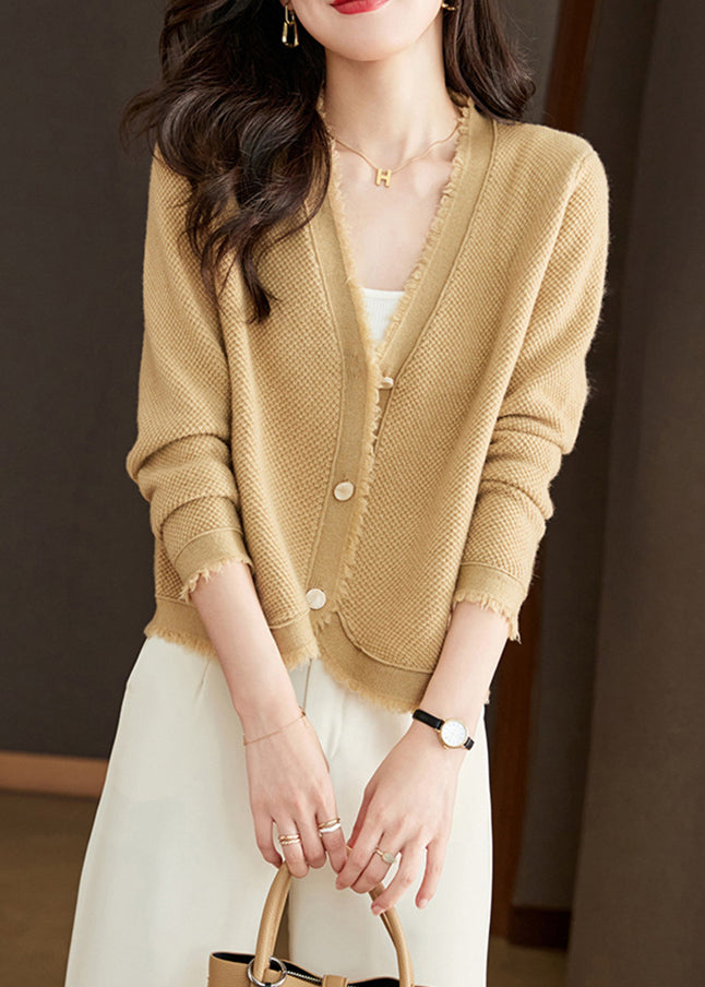 New Beige V Neck Button Solid Wool Knit Cardigan Fall RY020