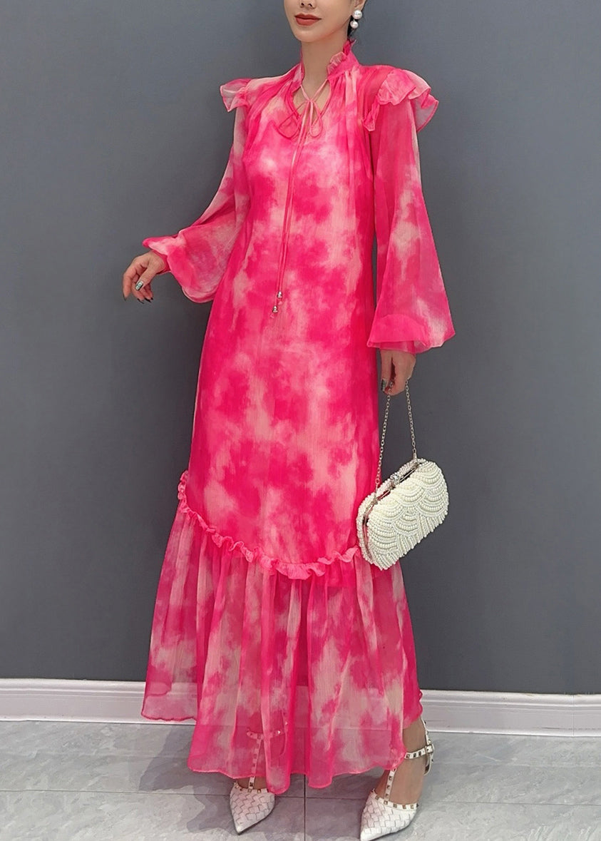 Style Red Stand Collar Ruffled Print Chiffon Maxi Dress Long Sleeve AO1025