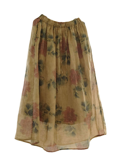 Women Summer Vintage Flower Worn Ramie Loose Skirt II1029