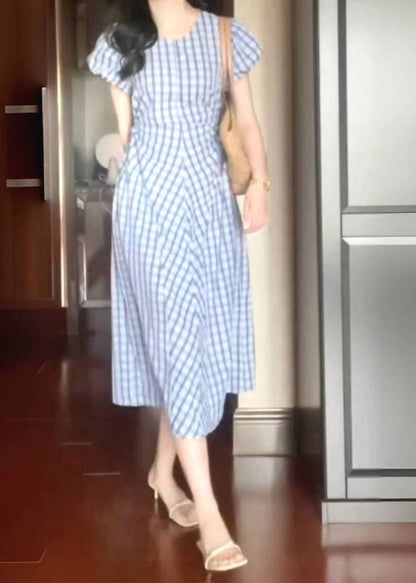 Style Light Blue O-Neck Plaid Tie Waist Long Dress Short Sleeve AZ1023