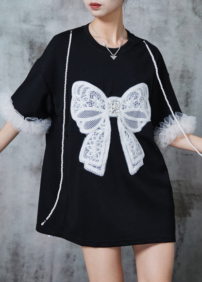 Modern Black Bow Embroideried Patchwork Cotton Tops Summer QA1019