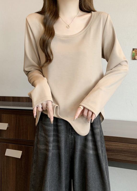 Simple Khaki O Neck Asymmetrical Design Cotton T Shirts Fall QC044