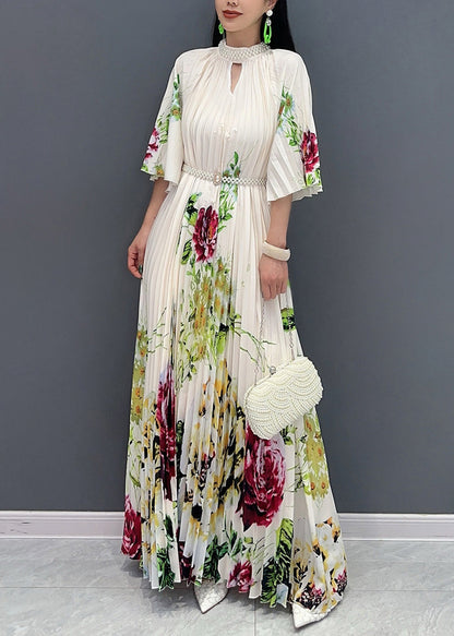 Stylish White Stand Collar Print Maxi Dresses Half Sleeve AO1022