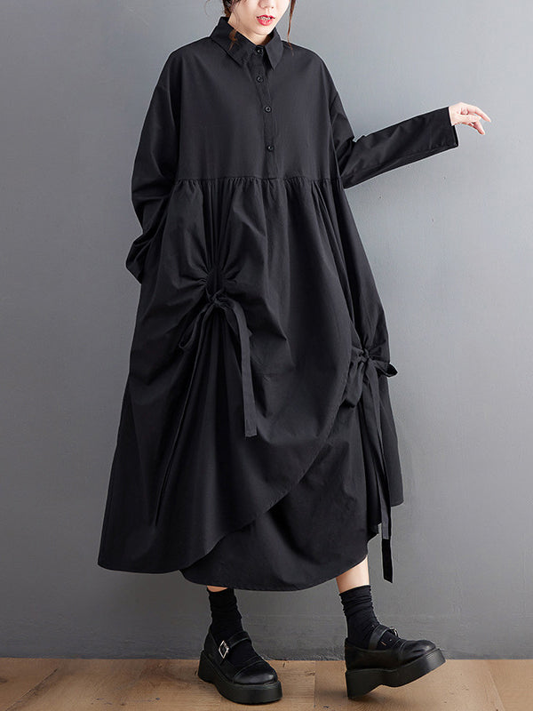 Stylish Black Lapel Buttoned Drawstring Pleated Tied Pockets Sleeves Shirt Dress WS004