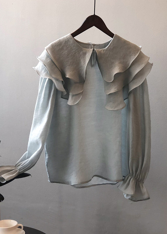 New Light Blue Ruffled Puff Sleeve Patchwork Shirt Top AF1038