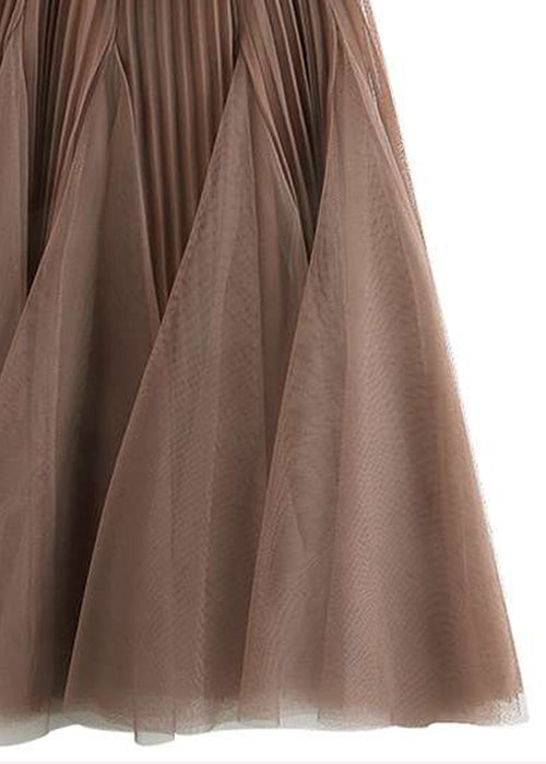 Women Brown Wrinkled Elastic Waist Tulle Skirts Spring RV005