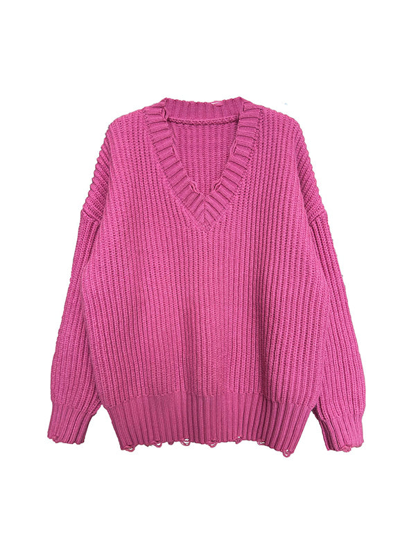 Pull en tricot à manches longues et col en V Urban Fuchsia AN1046 