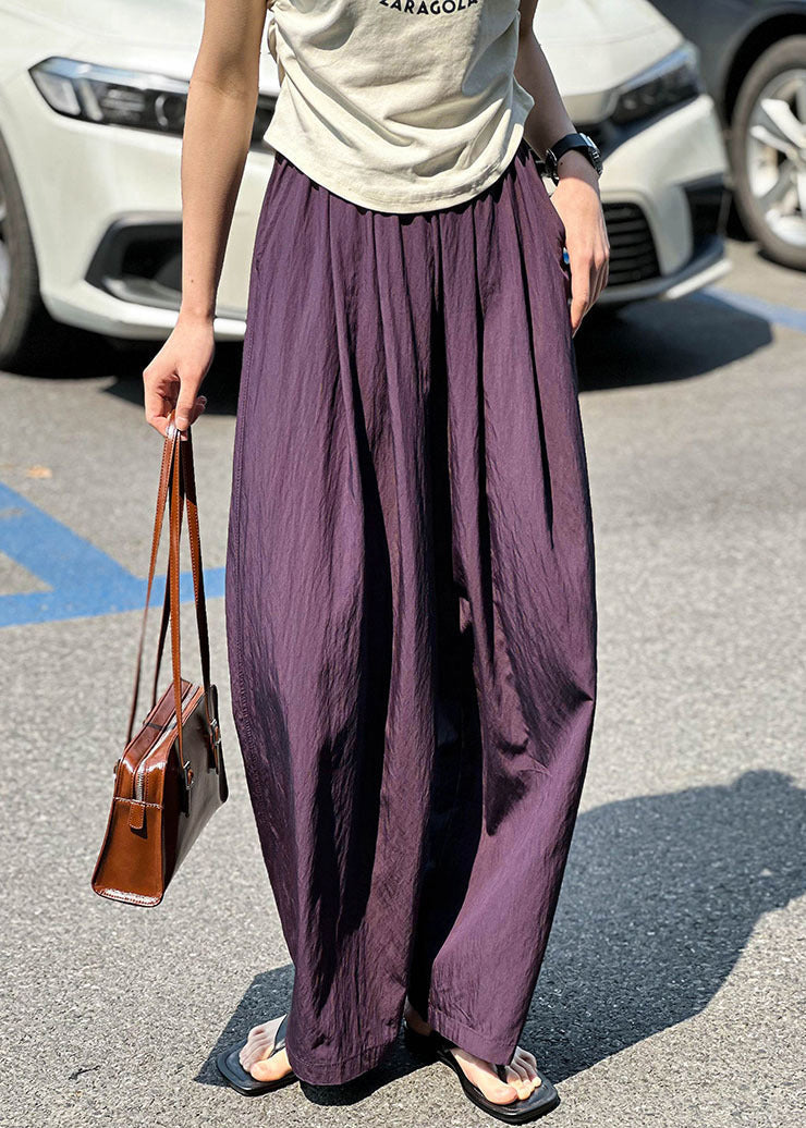 Women Purple Pockets Elastic Waist Cotton Pants Summer AF1074