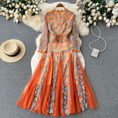 Italian Orange V-Neck Embroidery Tulle Long Sleeve Dress AR1005