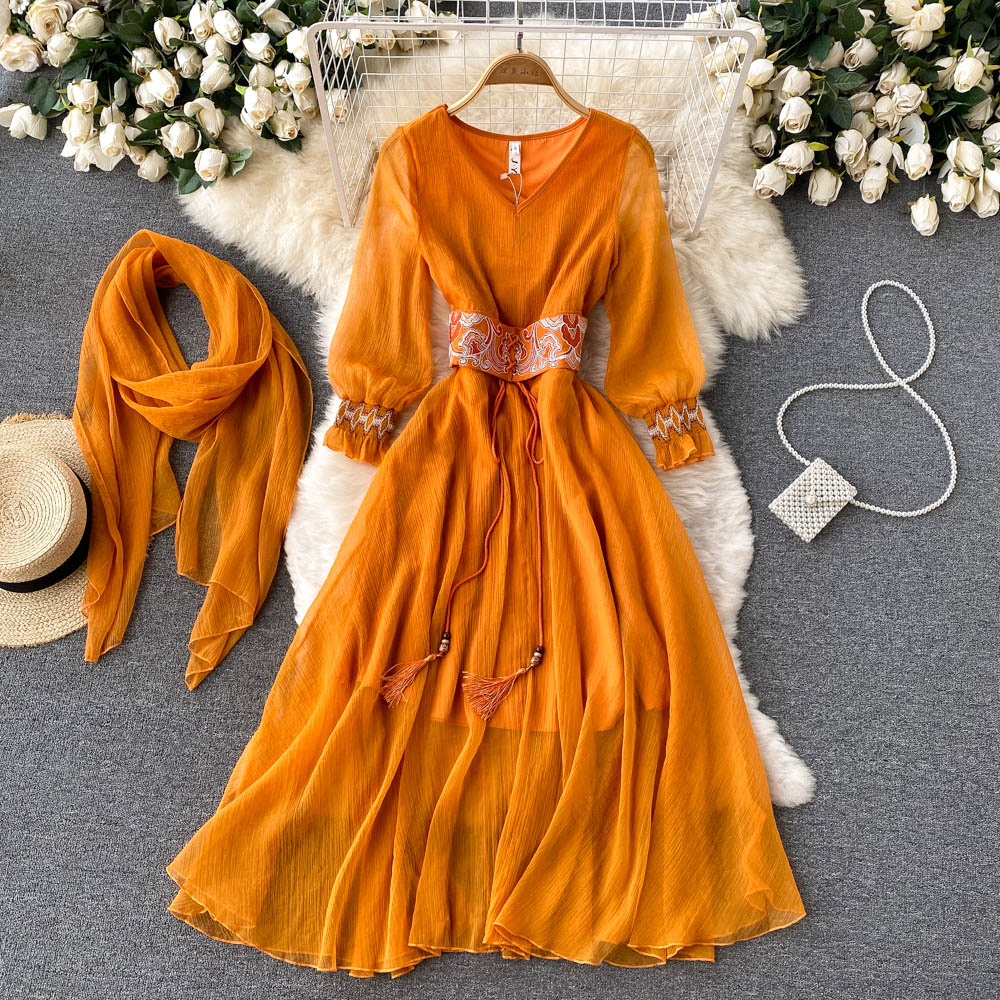 Retro Orange V Neck Splicing Embroidered Waistband Lantern Sleeve Dress AR1013