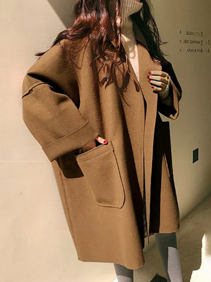 Elegant Loose Khaki Notched Collar Buttoned Pockets Long Sleeves Woolen Coat WS013