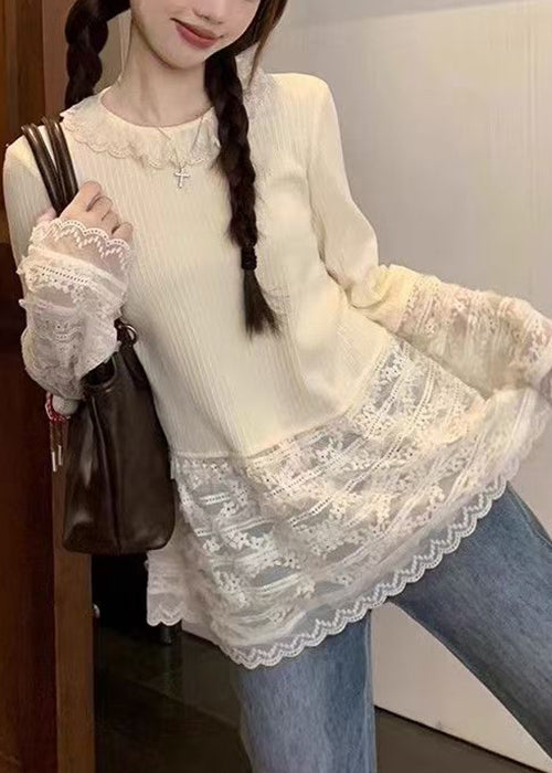 T Fit Patchwork Slim Button Shirt Spring Lace Beige