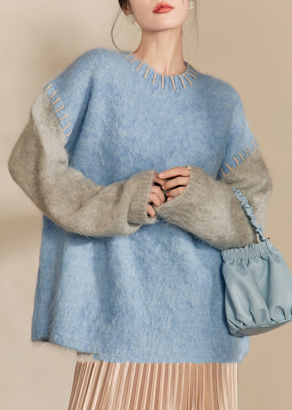 Loose Blue O-Neck Patchwork Thick Cotton Knit Sweaters Winter RY004