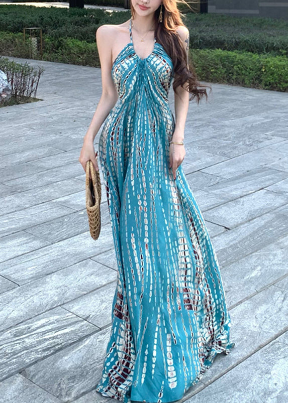 Printkleid Ärmellos Rückenfrei Blau Urlaub Baumwolle Stilvoll 