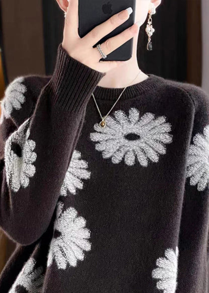 Loose Coffee O-Neck Print Wool Knit Sweaters Fall QP043