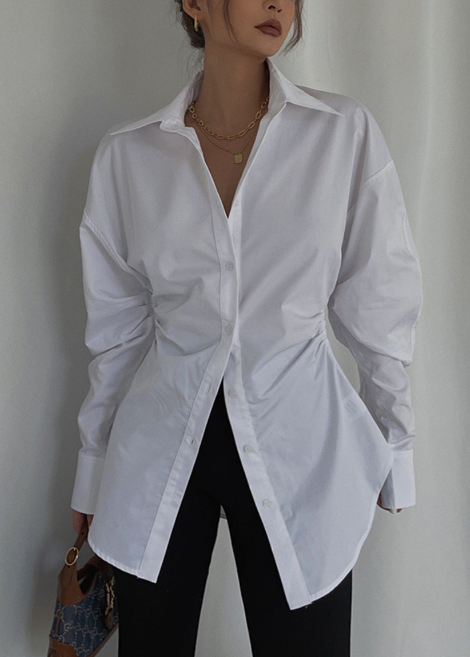 Lässige Bluse Cinched Baumwolle Weiß Frühling Tops 