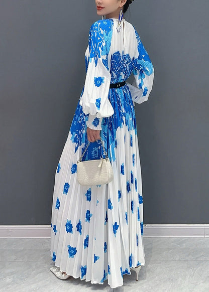 Style White Blue O Neck Print Wrinkled Long Dresses Petal Sleeve AO1001