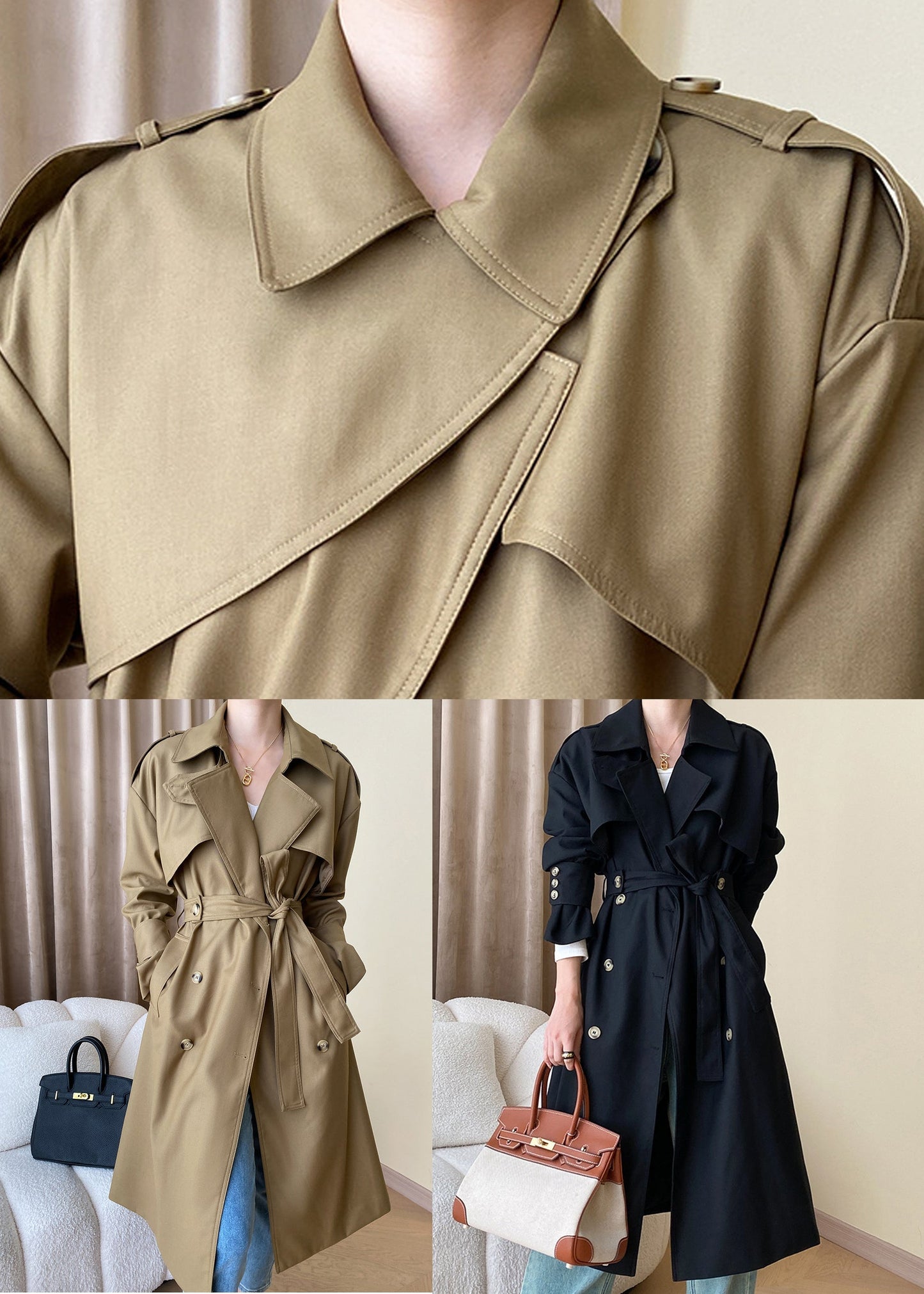 Black Button Cotton Long Trench Coat Peter Pan Collar Fall AF1034