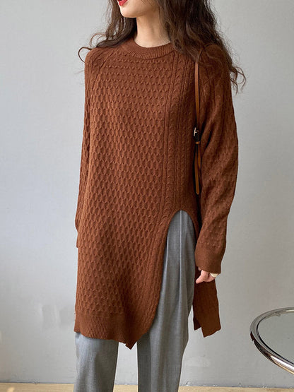 Retro Oatmeal Round-Neck Split-Side Long Sleeve Twist Knit Sweater AN1045