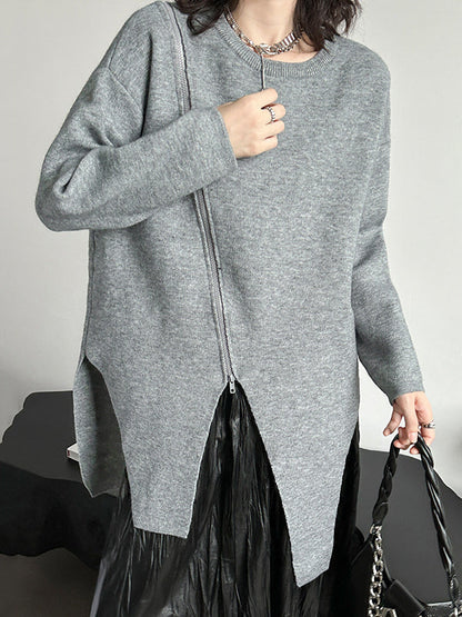 Street Grey Round-neck Zipper Decor Irregular High-low Hem Long Sleeve Sweater AN1067