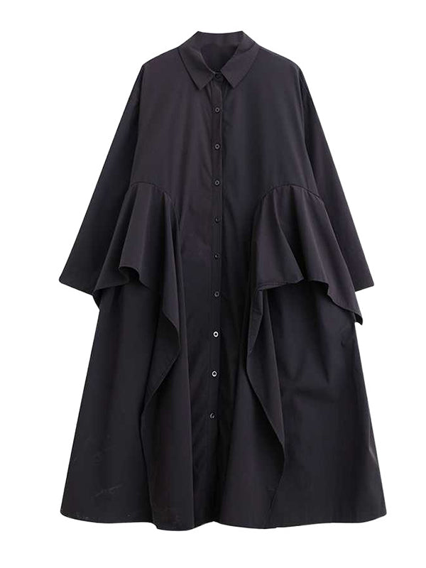 Robe noire unique à manches longues et revers boutonnés, bordure à volants et patchwork TW018 