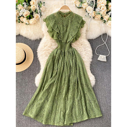 Temperament Olive Lace Ruffled Pleated Hem Flying Sleeve Dress AR1002