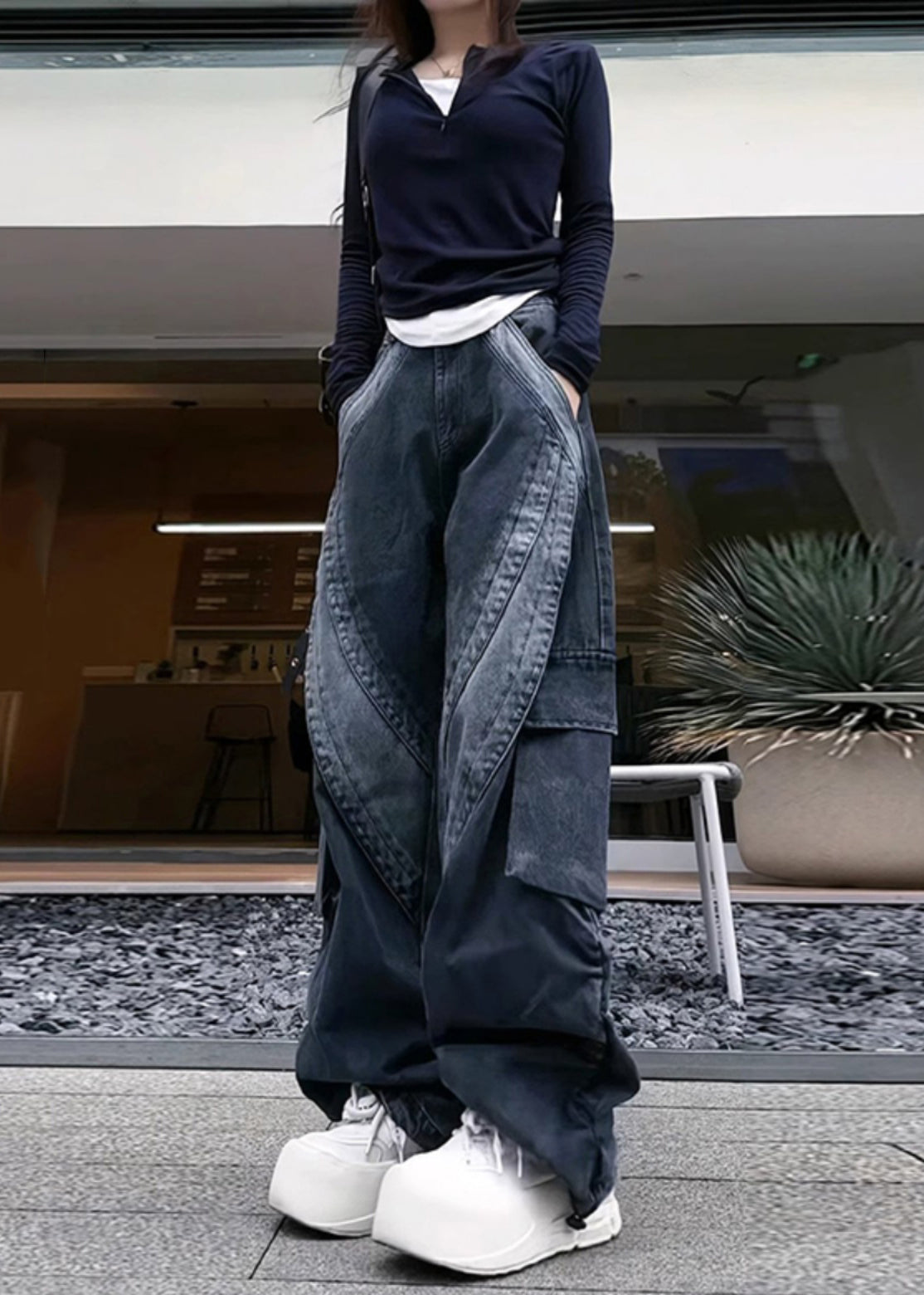 Mit Hose Schwarz Denim Classy Spring Taschen Übergroß 