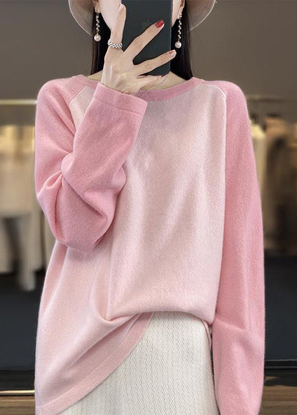 Cute Pink O-Neck Patchwork Wool Knit Sweaters Top Fall QP011