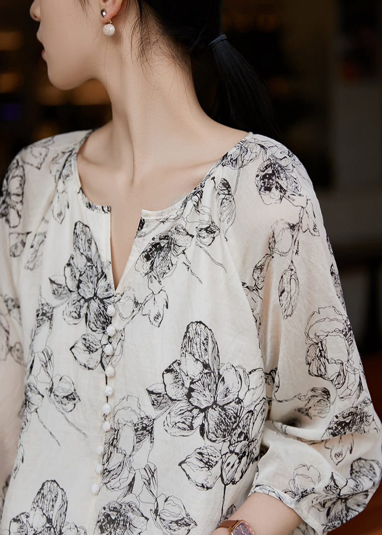 Chemises blanches surdimensionnées style bohème, manches et bracelet en coton imprimé 