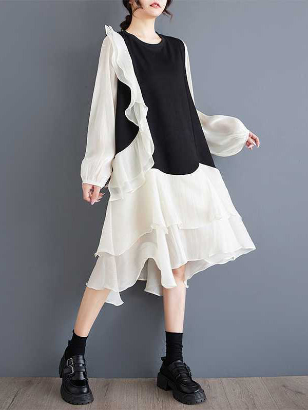Schickes schwarzes Patchwork-Kleid mit Rundhalsausschnitt, kontrastfarbenem Rüschenbesatz und High-Low-Langarm TW019 