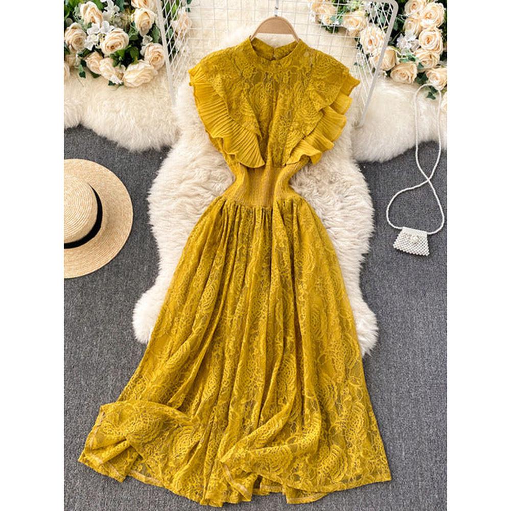 Temperament Olive Lace Ruffled Pleated Hem Flying Sleeve Dress AR1002