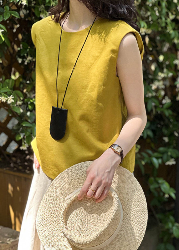 Simple Yellow O Neck Solid Linen Top Sleeveless AF1016