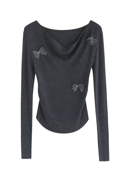 Original Design Grey Slash Neck Butterfly Knit Top Winter RV029