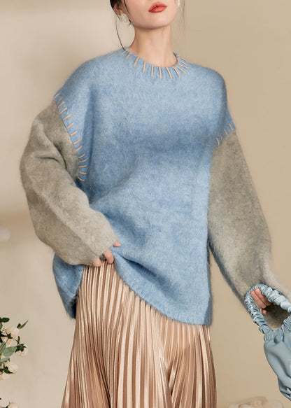 Loose Blue O-Neck Patchwork Thick Cotton Knit Sweaters Winter RY004