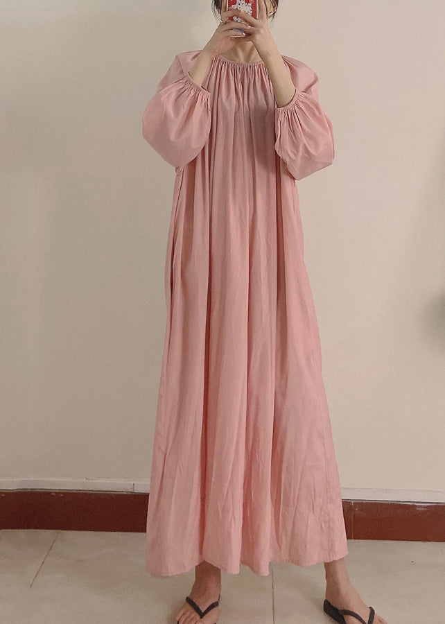 Robe longue rose froissée à poches et manches longues pour femme TT1044 