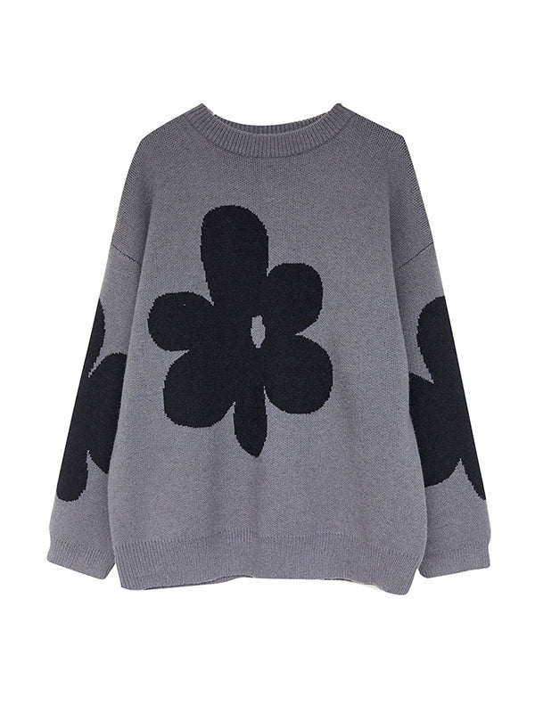 Cute Loose Black Round-Neck Contrast Color Flower Long Sleeve Sweater AN1070