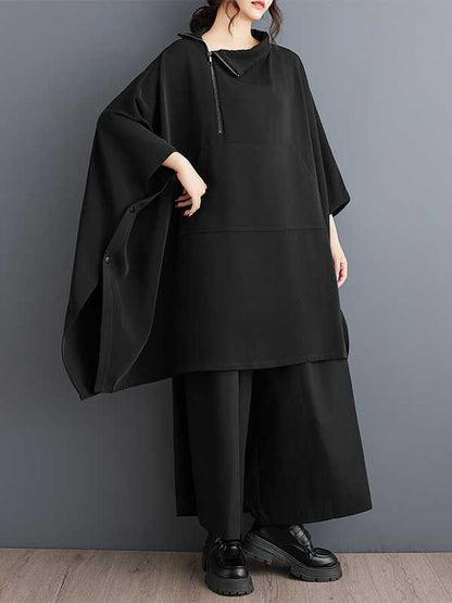 Simple Loose Black Mock Neck With Zipper Buttoned Pockets Batwing Sleeves Sweatshirt WS016