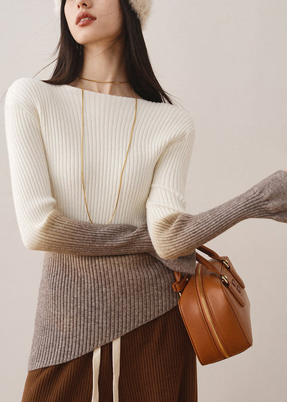 Elegant White Gradient Slash Neck Slim Knit Sweaters Fall WS018