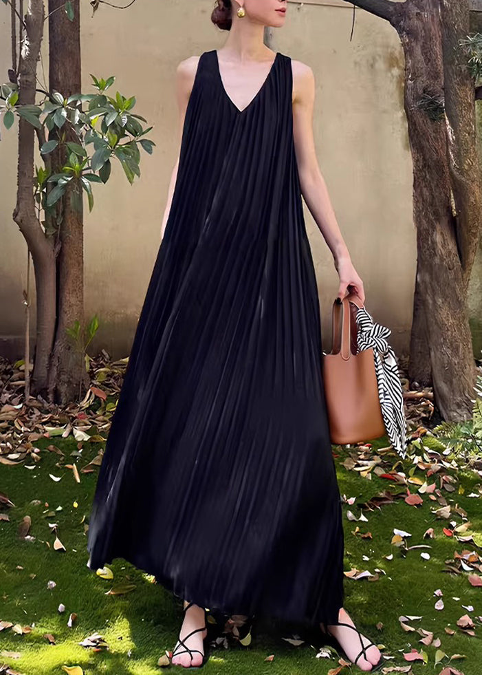 Wrinkled Summer Neck Chiffon Dresses V Long Pockets Black