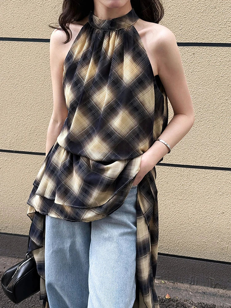 Asymmetrisches Khaki Plaid Neck Sleeveless Top High-Low Uniaue Halter 