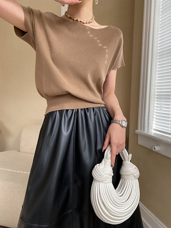 Haut à manches courtes rose en tricot, col bateau ample et élégant