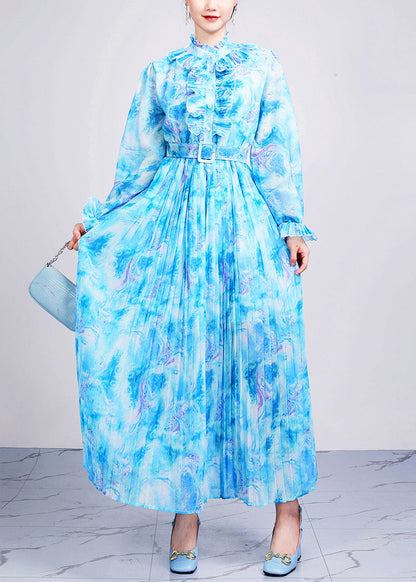 Fitted Blue Ruffled Print Sashes Chiffon Dresses Long Sleeve AO1071