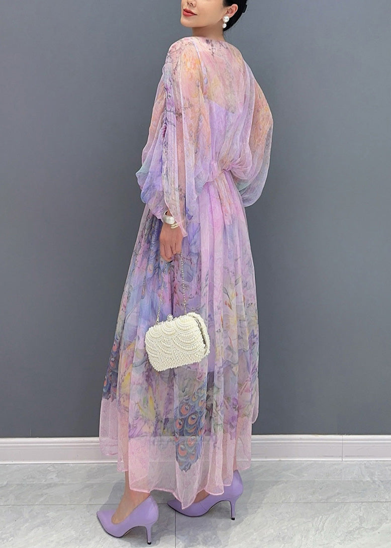 Women Lavender U Neck Print Patchwork Long Dresses Summer AO1064