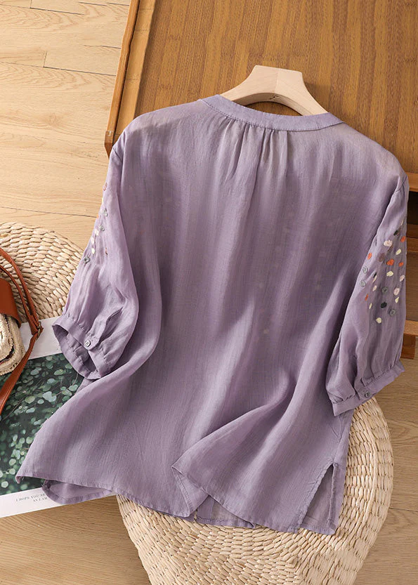 Grace Purple O Neck Embroideried Side Open Linen Blouse Spring QB032