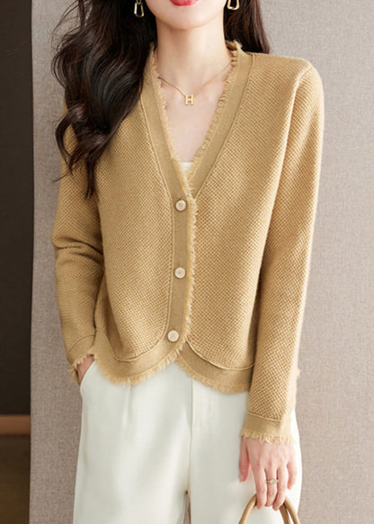 New Beige V Neck Button Solid Wool Knit Cardigan Fall RY020