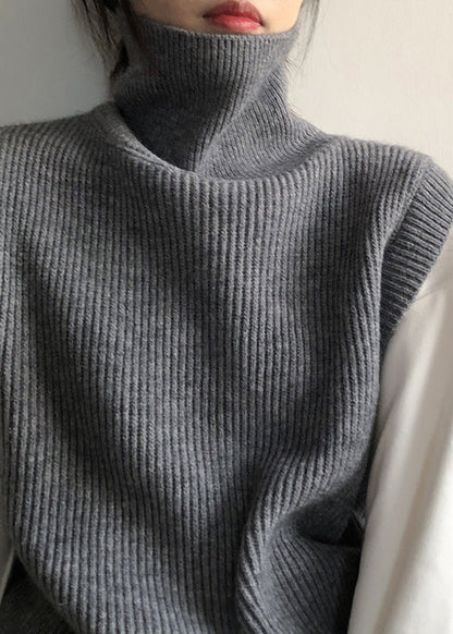 French Grey Hign Neck Versatile Knit Vest Sleeveless AF1090