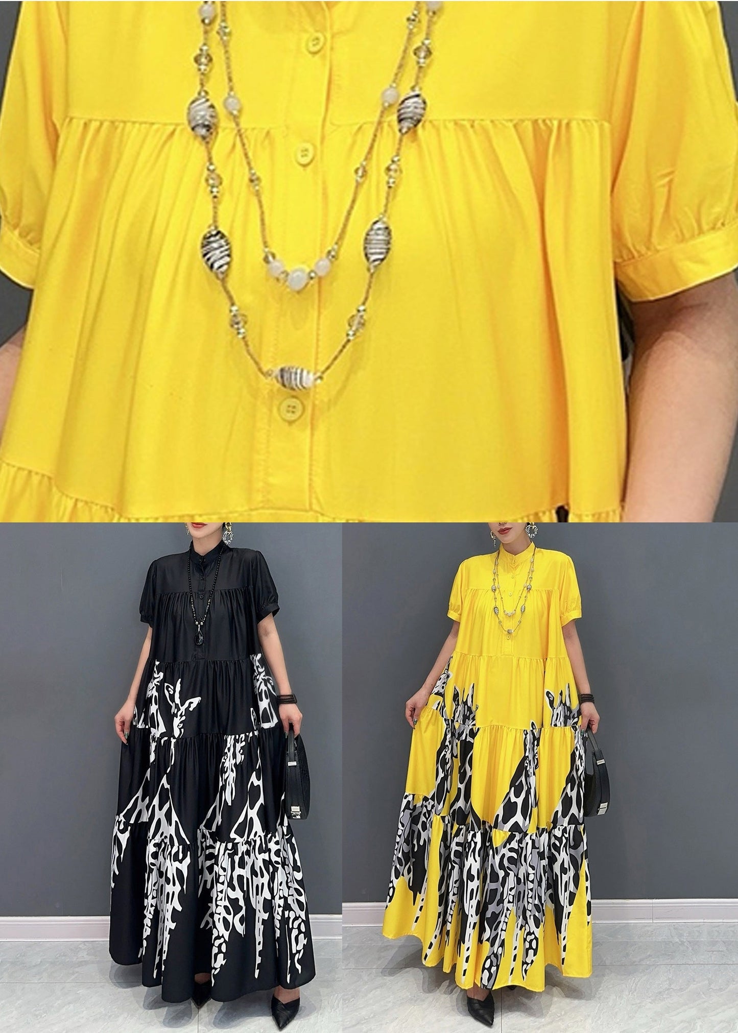 Modern Yellow Print Patchwork Long Dresses Summer AO1051