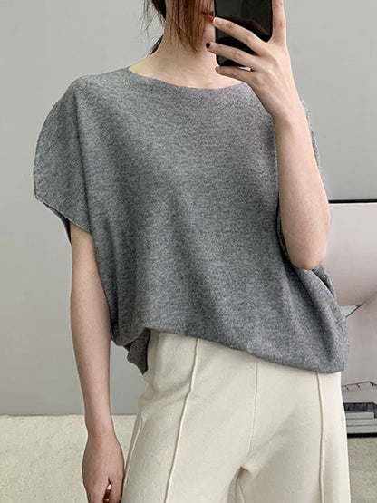 Original Loose White Round Neck Half Sleeve Knit Top AN1042